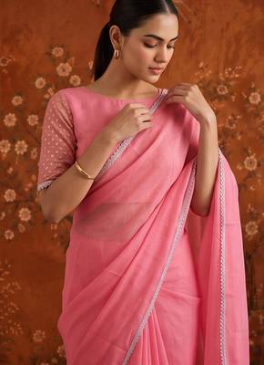 Pink georgette embroidered saree with zari work 3