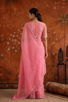 Pink georgette embroidered saree with zari work 4