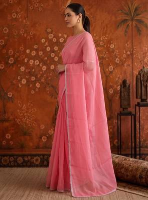 Pink georgette embroidered saree with zari work 5