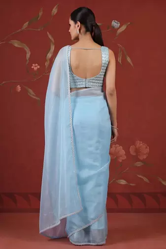 Blue georgette embroidered saree with zari work
