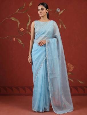 Blue georgette embroidered saree with zari work 1