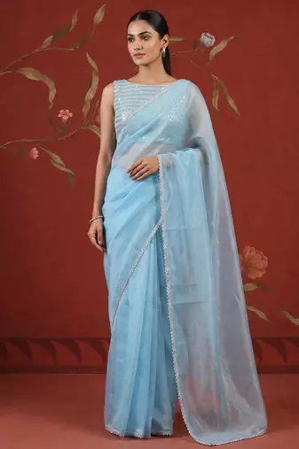 Blue georgette embroidered saree with zari work