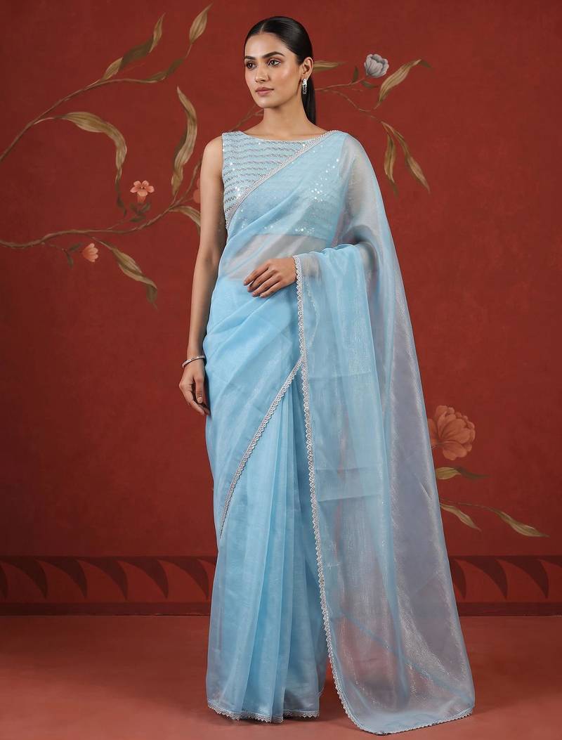 Blue georgette embroidered saree with zari work
