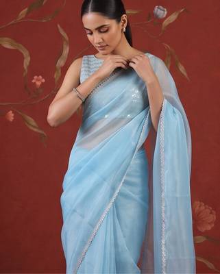Blue georgette embroidered saree with zari work 3