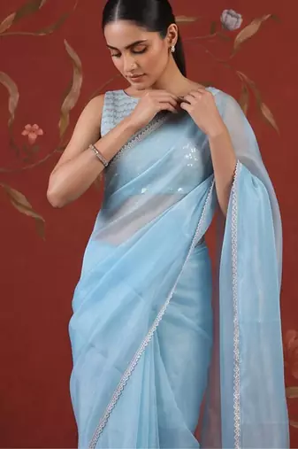 Blue georgette embroidered saree with zari work