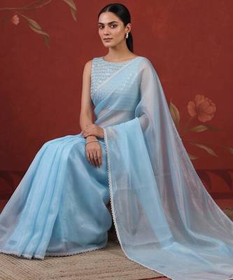 Blue georgette embroidered saree with zari work 4