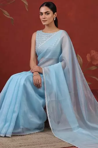 Blue georgette embroidered saree with zari work