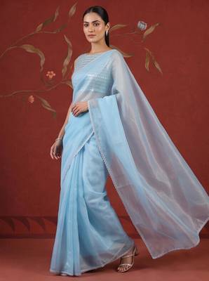 Blue georgette embroidered saree with zari work 5
