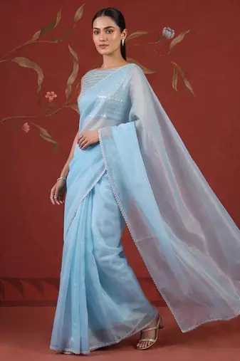 Blue georgette embroidered saree with zari work