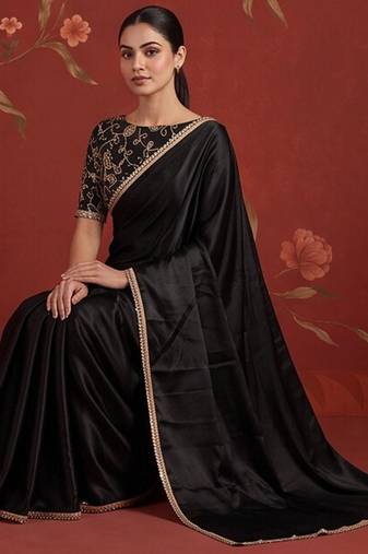Black satin embroidered saree with zari work