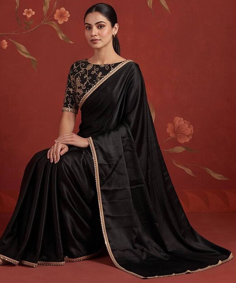 Black satin embroidered saree with zari work