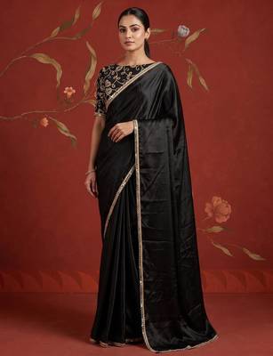 Black satin embroidered saree with zari work 2