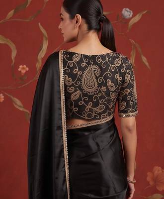 Black satin embroidered saree with zari work 3