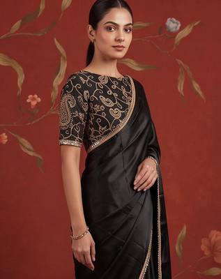 Black satin embroidered saree with zari work 4