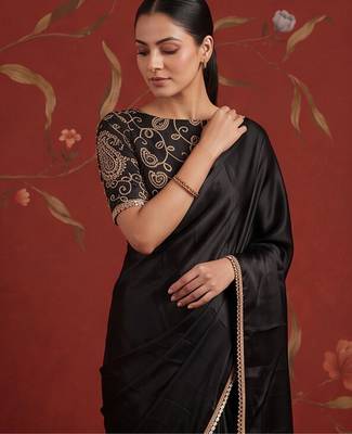 Black satin embroidered saree with zari work 5