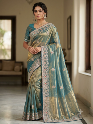 new facy designer grey golden dori work saree  1