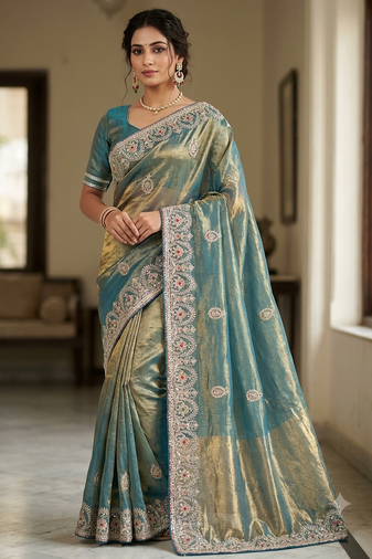 new facy designer grey golden dori work saree 