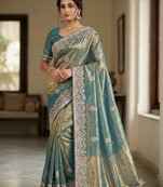 new facy designer grey golden dori work saree 