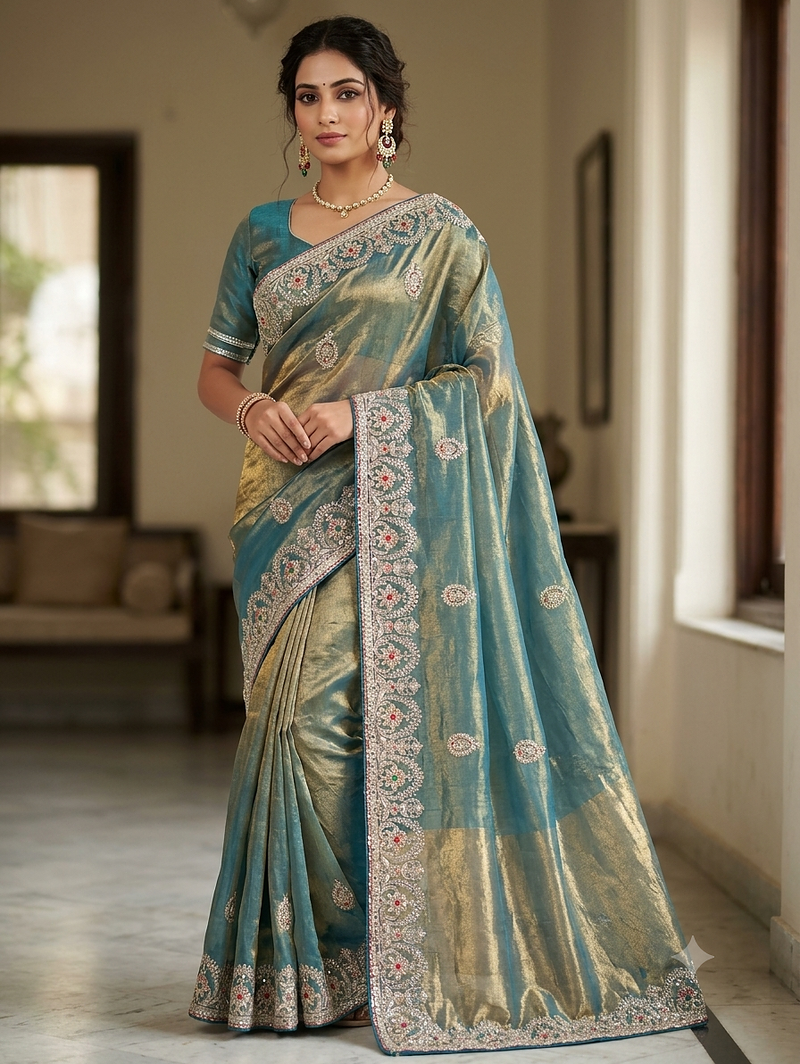 new facy designer grey golden dori work saree 