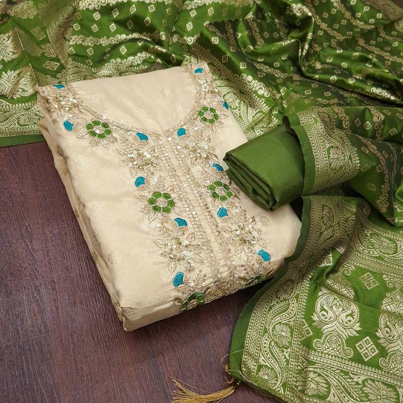 Beige silk blend embroidered dress-materials