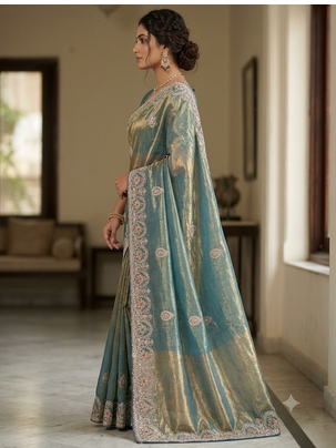 new facy designer grey golden dori work saree  2