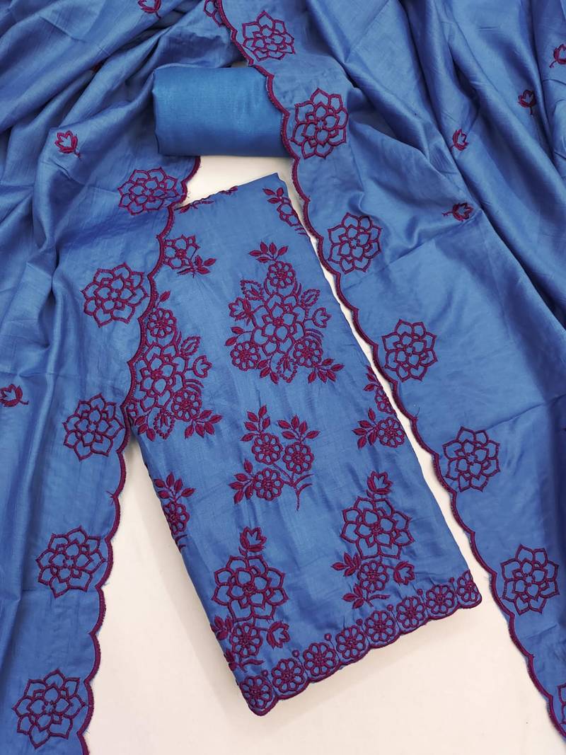 Teal silk blend embroidered dress-materials