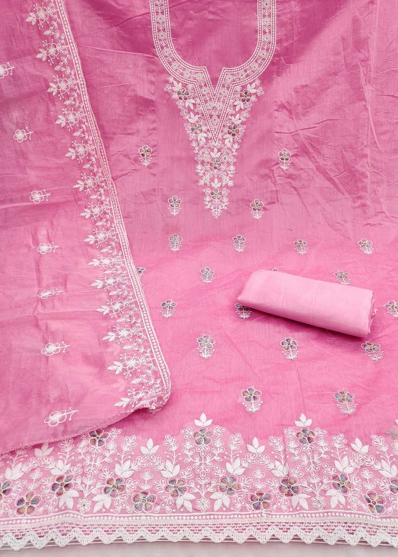 Pink chanderi silk embroidered dress-materials