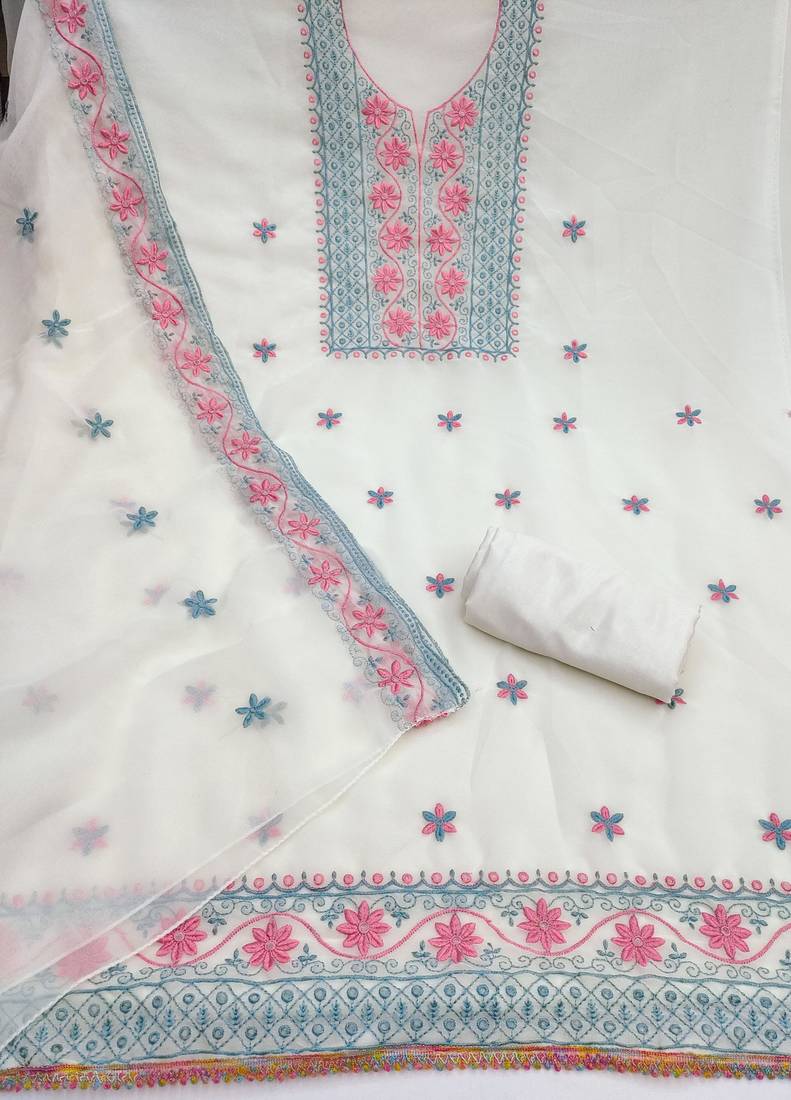 White georgette embroidered dress-materials