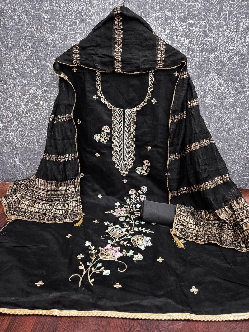 Black chanderi silk embroidered dress-materials