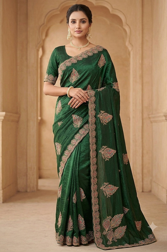 fancy bottel green zari stone work saree