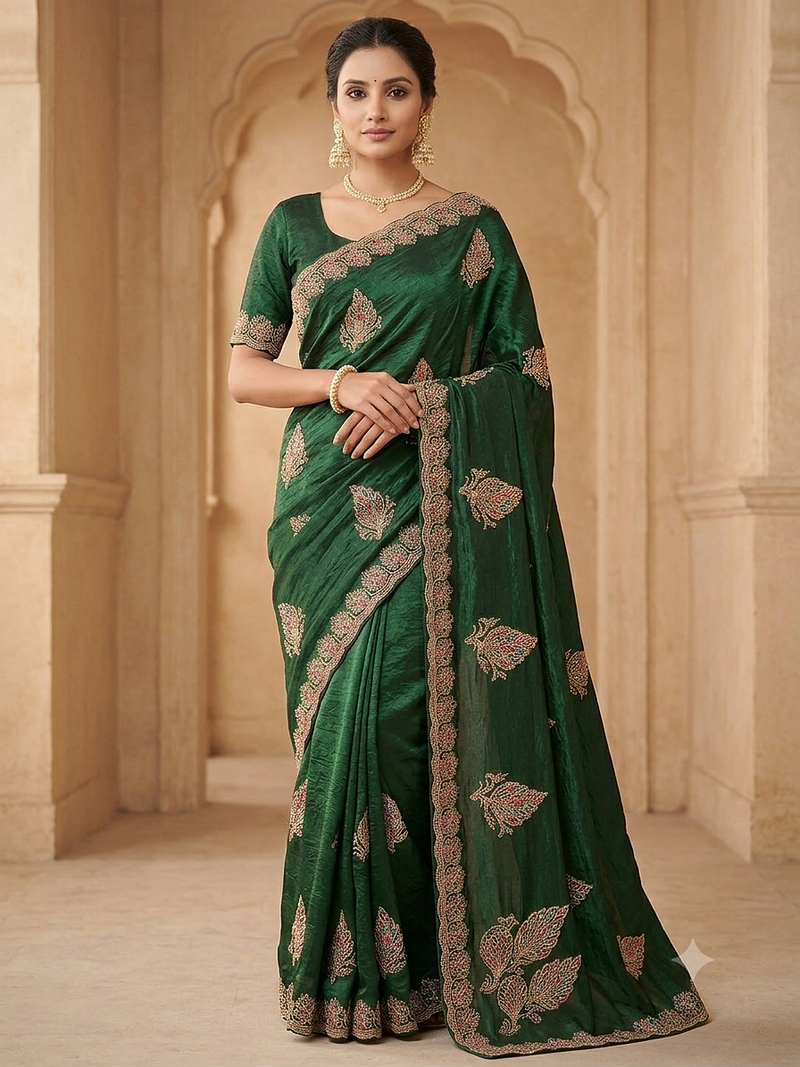 fancy bottel green zari stone work saree