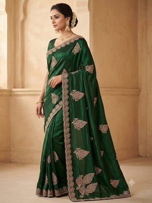 fancy bottel green zari stone work saree 2