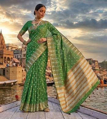 Mehndi blended cotton woven saree with blouse 1