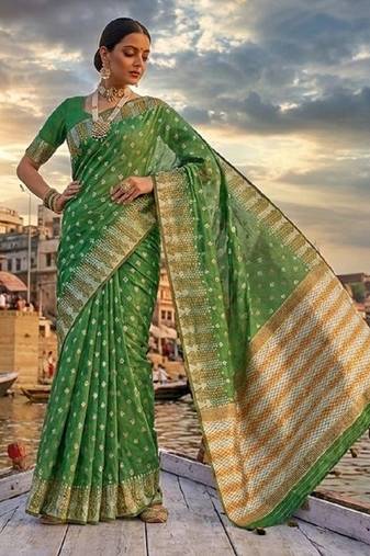 Mehndi blended cotton woven saree with blouse