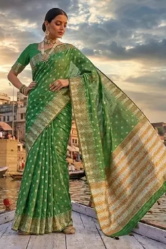 Mehndi blended cotton woven saree with blouse