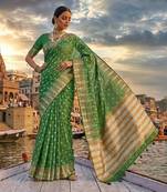 Mehndi blended cotton woven saree with blouse