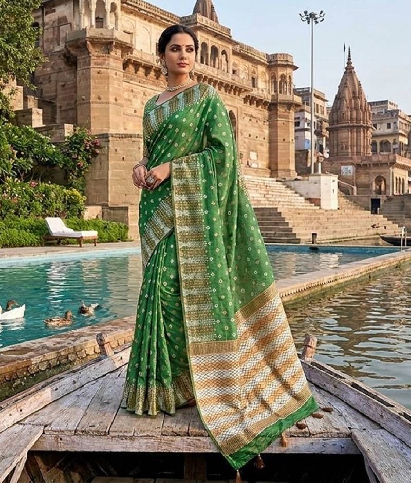 Mehndi blended cotton woven saree with blouse