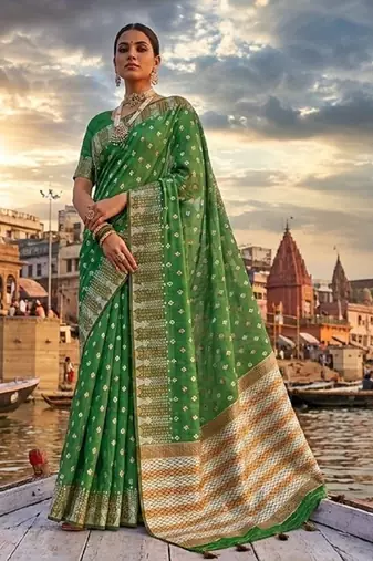 Mehndi blended cotton woven saree with blouse