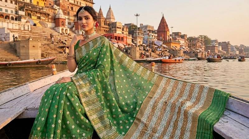 Mehndi blended cotton woven saree with blouse