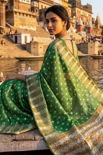 Mehndi blended cotton woven saree with blouse