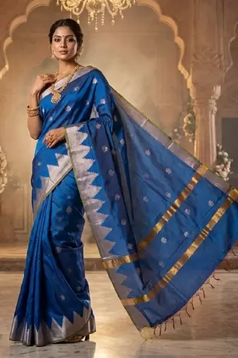 Royal-blue katan silk woven saree with blouse