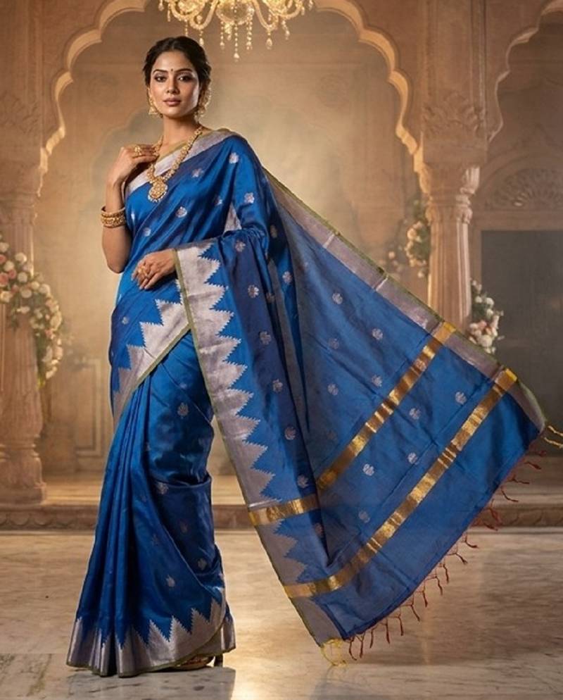 Royal-blue katan silk woven saree with blouse