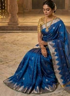 Royal-blue katan silk woven saree with blouse 3