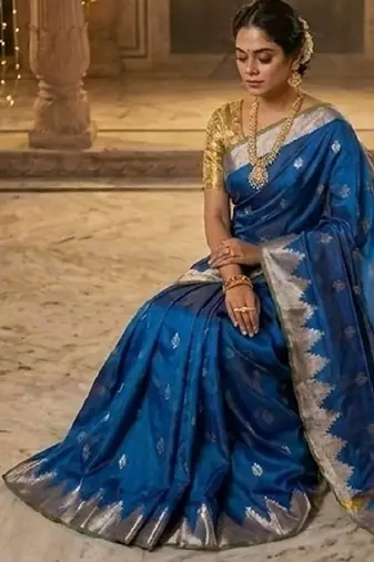Royal-blue katan silk woven saree with blouse