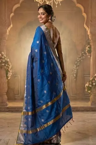 Royal-blue katan silk woven saree with blouse