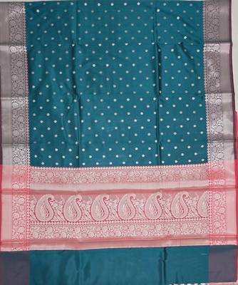 Teal blue katan silk woven saree with blouse 6