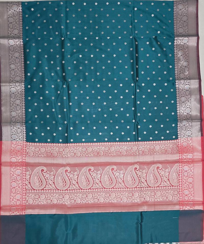 Teal blue katan silk woven saree with blouse
