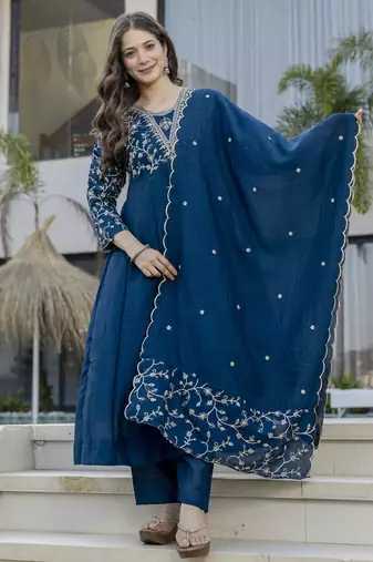  Vichitra Silk Embroidery Work Flared Anarkali Pant and Dupatta Set