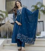  Vichitra Silk Embroidery Work Flared Anarkali Pant and Dupatta Set