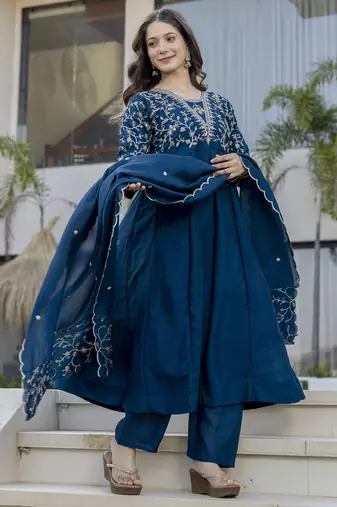  Vichitra Silk Embroidery Work Flared Anarkali Pant and Dupatta Set
